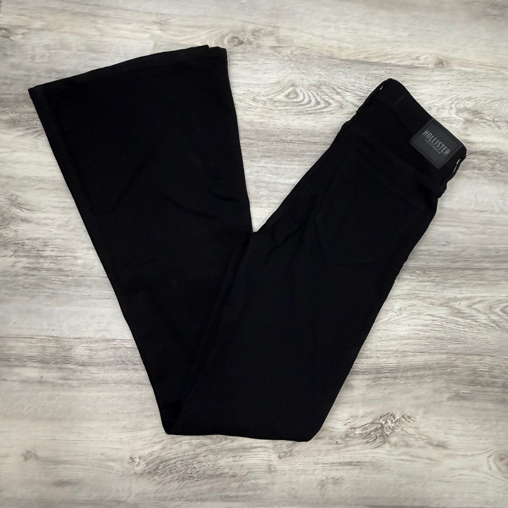 Hollister High Rise Flare Jeans Black Soft Stretch‎ Front Slit Hem 5L W27 L33